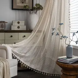 Crochet Translucent Curtain for Living Room, American Country Style Hollow Boho Art Decor for Bedroom and Balcony