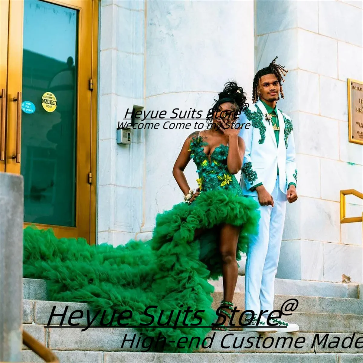 Customized Green Appliques Men Suits Luxuly Shawl Lapel Groom Wedding Tuxedos 2 Pcs Sets Male Prom Blazers Classic Costume Homme