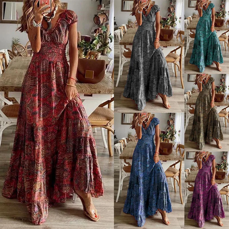 

Women's long dress European and American Bohemian style new with a waist cinched floral print large hem dress