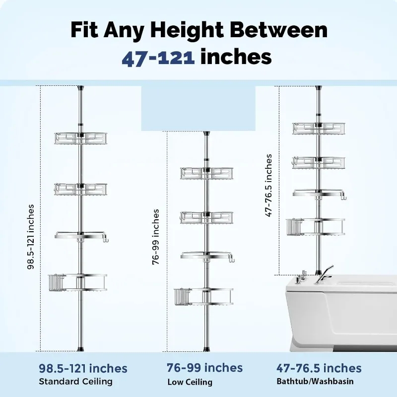 For Bathtub Shampoo Storage - 47-121 Inch Adjustable Floor Standing Bathroom Shelf Rack - Silver