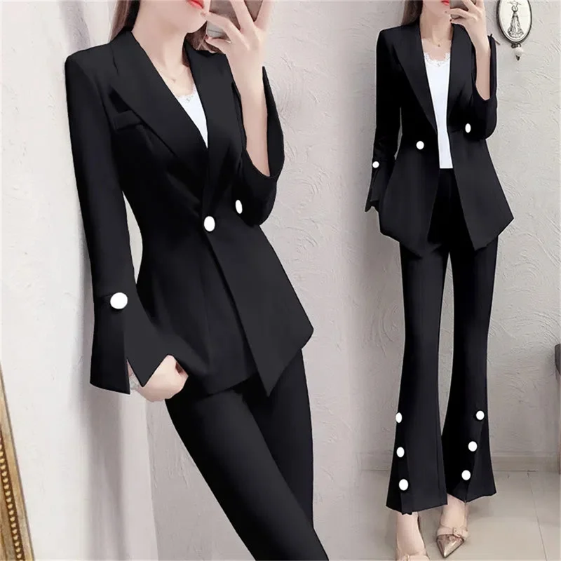 Blazer Women 2 Piece Set 2022 Spring And Autumn New Fashion Temperament Lady Suit Jacket Flared Pants Black Two-Piece Suit L115