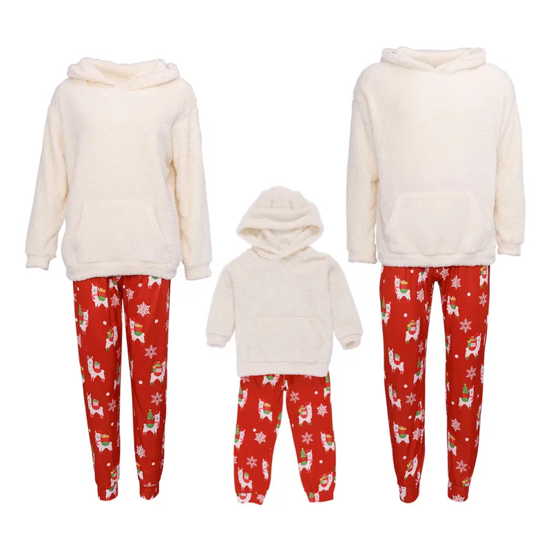 Winter Christmas Family Matching Outfits Adults Kids Family Look Hooded Hoodie Sweatshirt Fleece Warm Sleepwear Set