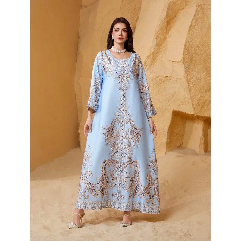 Middle East Dubai Cross-Border Muslim Dress Women's Robe Beaded Print Round Neck Slim FitAbayas