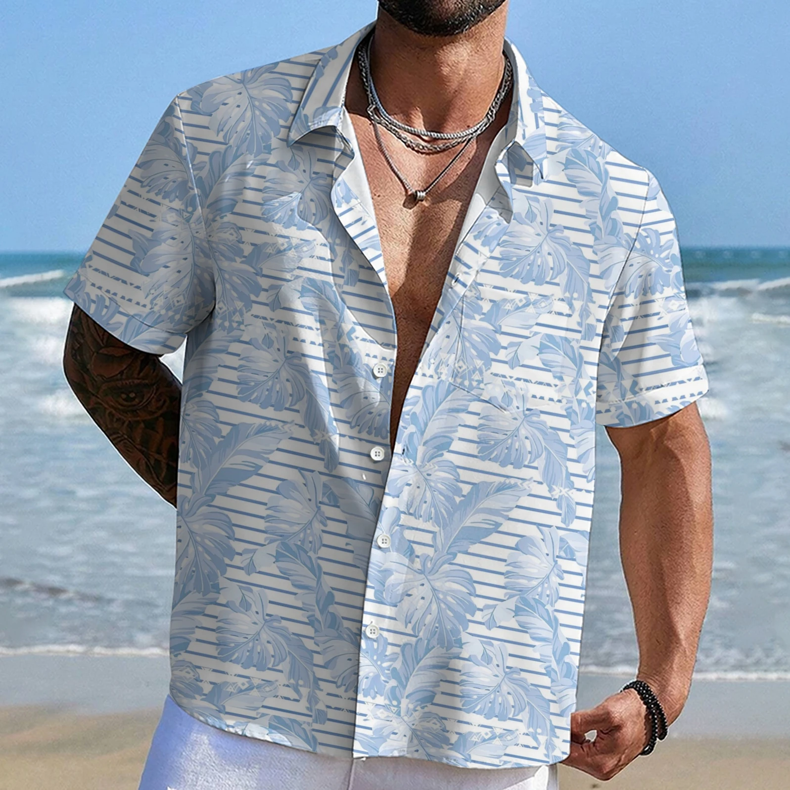 

Mens Hawaiian Shirt Tropical Palm Leaves Beach Swim Shirt Button Downs Shirt Mens Summer Party Favors Vacation Hawaiian Shirt