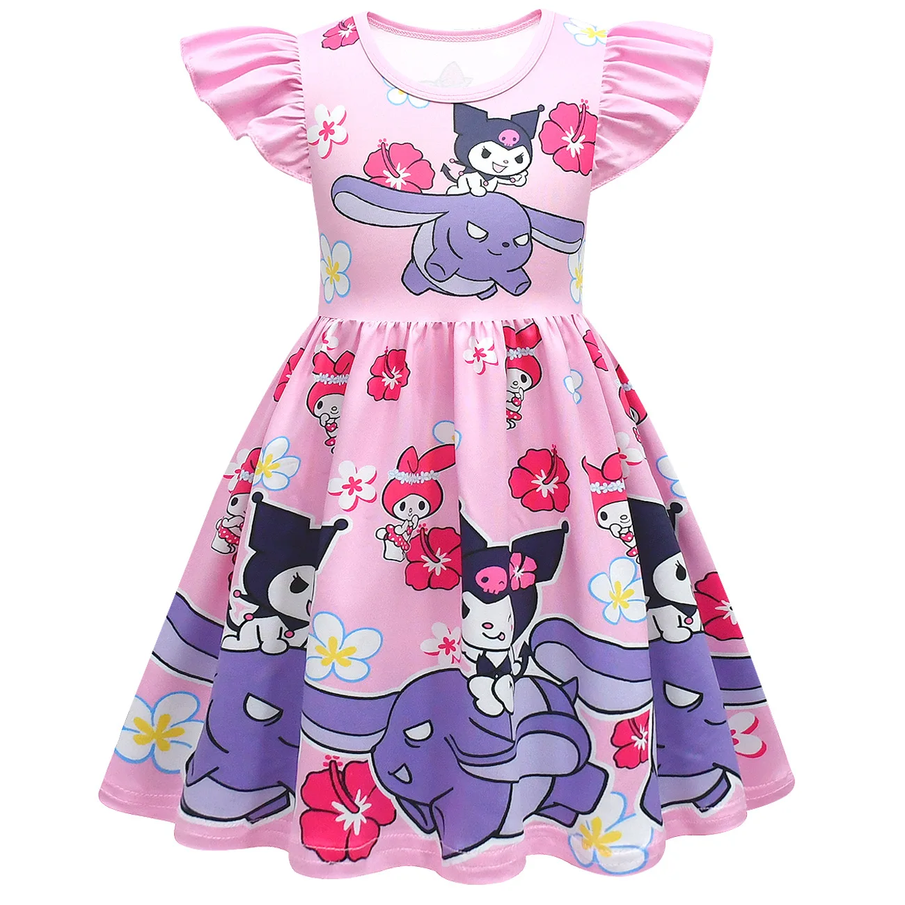 Summer New Clothes Girl\'s Dress Cartoon Print Dress Kuromi Princess Flying Sleeves A-line Dress Cotton Children\'s Clothing