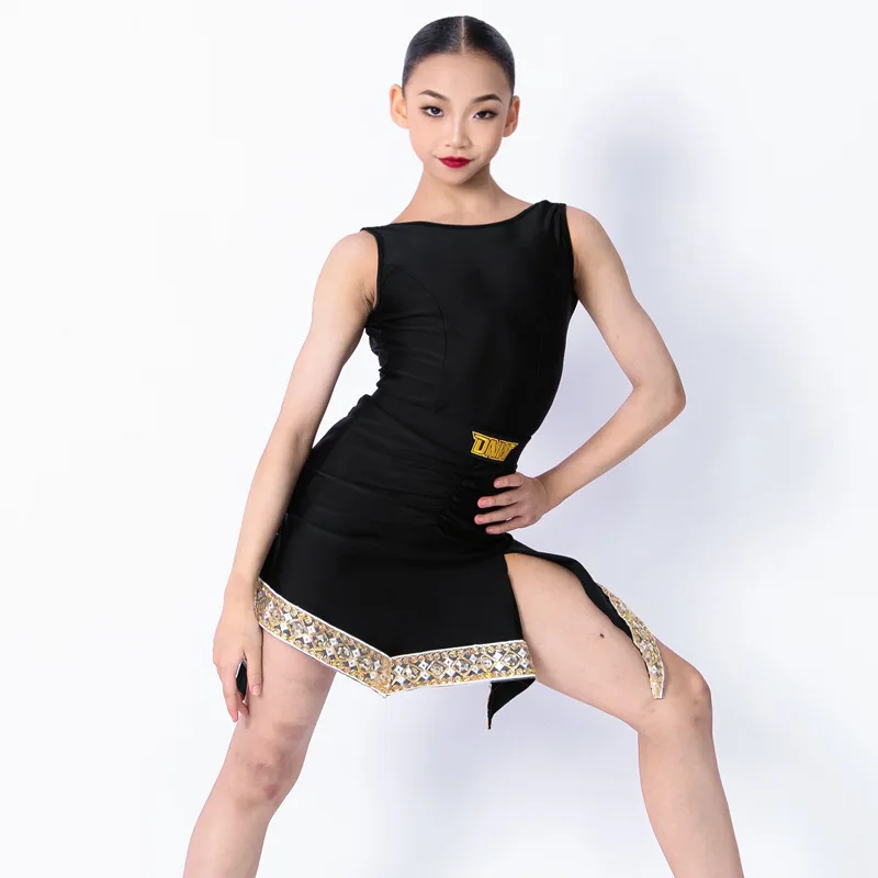 

Customized Latin Dance Suit Practice Dress Girls' Competition Performance Dress Black Sleeveless Printed Hem Skirt Split Set