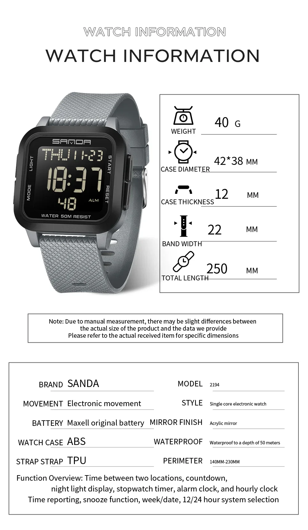 Sanda 2194นาฬิกาผู้ชายแฟชั่นอเนกประสงค์ดิจิตอลกันน้ำสำหรับกีฬากลางคืนน้ำหนักเบานาฬิกาผู้ชายนาฬิกาลำลอง