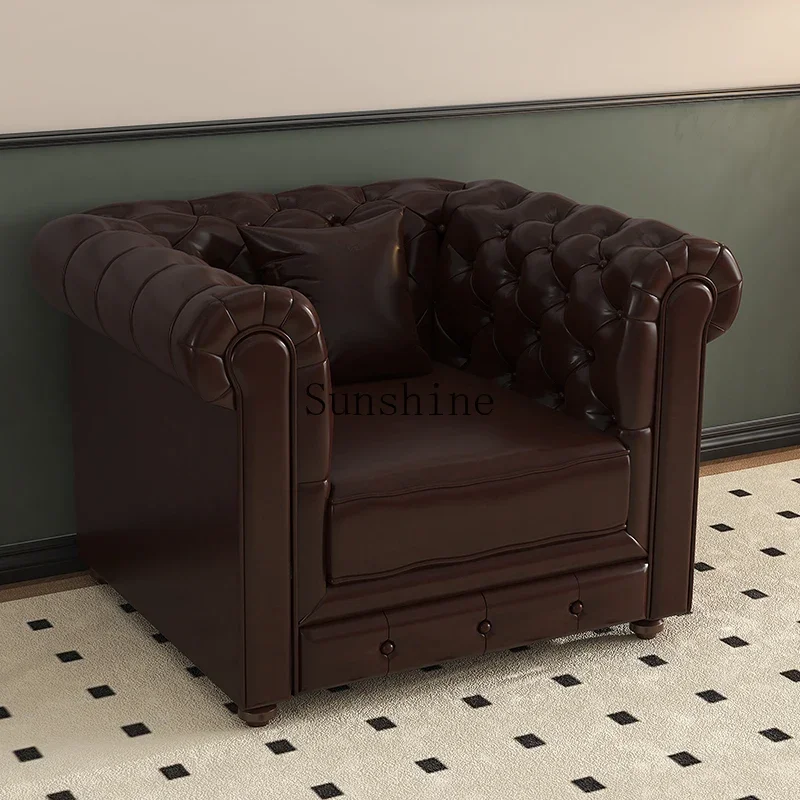 

American retro leather sofa living room straight row classic buckle medieval solid wood sofa