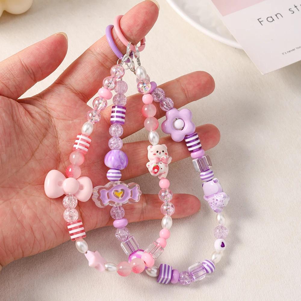 Aihua Handy-Lanyard mit Schleifen-Design, Perlenarmband, Schlüsselanhänger für das Auto, Cartoon-Design, Anti-Verlust-Hängeband, Handgelenksband, Geschenk für Frauen – Detail 2