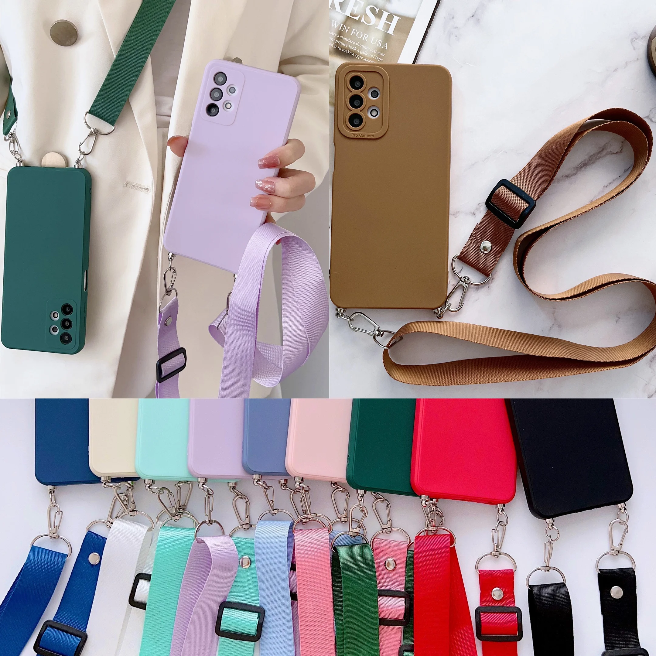 Liquid Silicone Lanyard Phone Case For Samsung Galaxy A55 A35 A15 S24 S23 S22 Ultra S21FE A51 A52 A53 A13 A14 A34 A54 Rope Cover