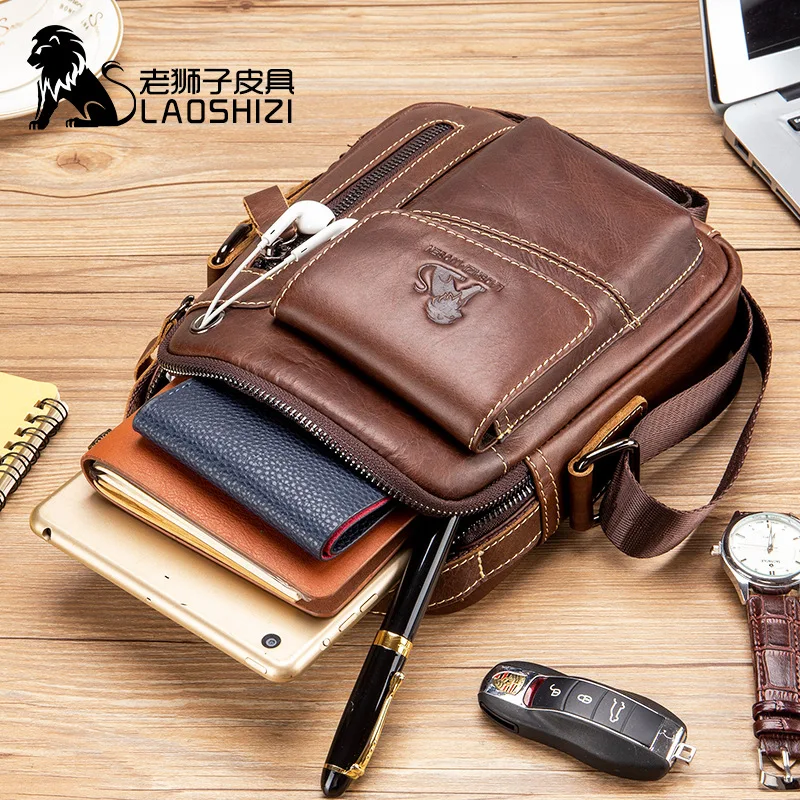 Imagem -04 - Laoshizi-bolsa de Ombro de Couro Vaca Genuína para Homens Bolsa Crossbody Masculina Bolsas Mensageiro Bolsa Pequena Flap Casual Design Zipper