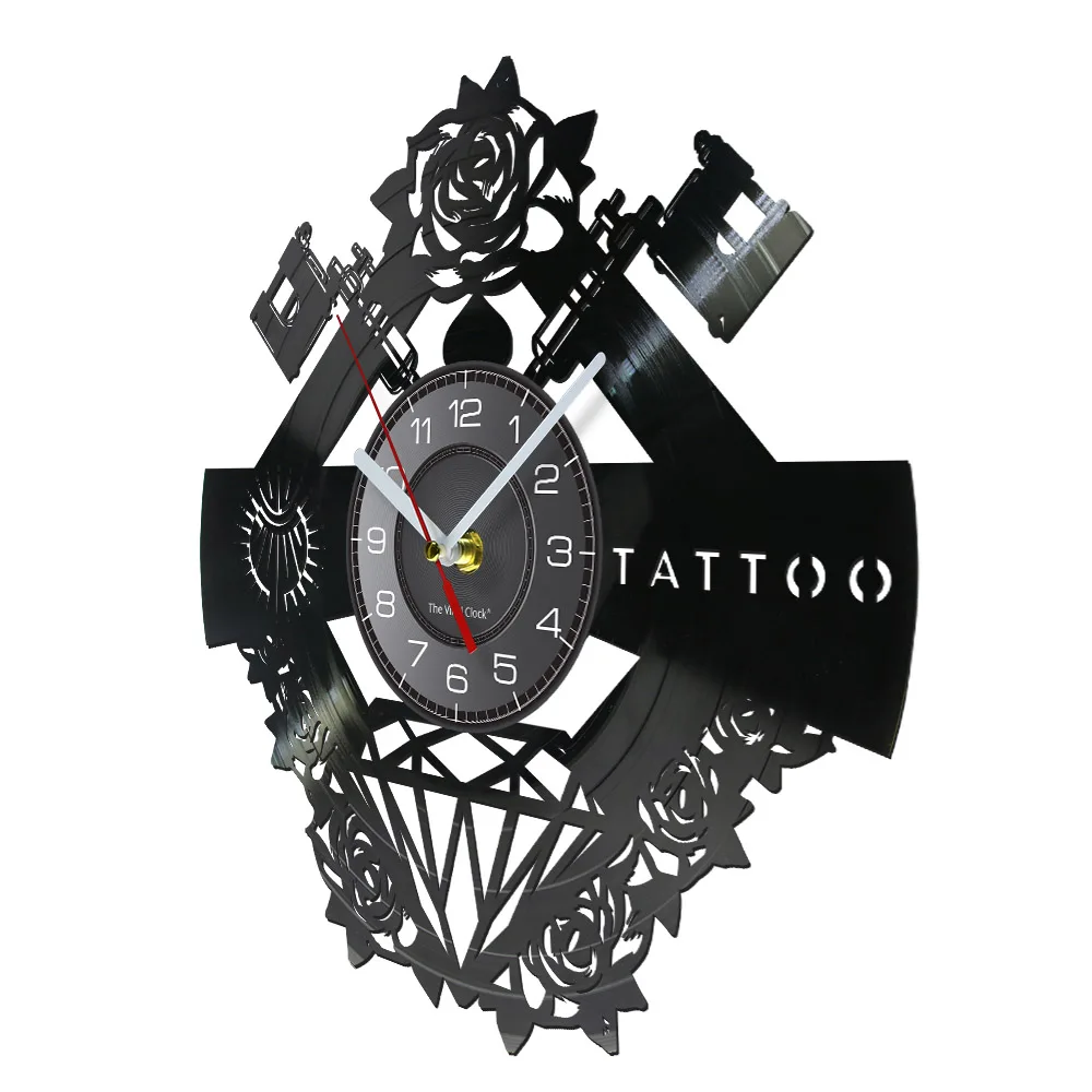 Tattoo Studio Sign Tattoo Custom Name Silent Vinyl Record Wall Clcok Tattoo Shop Tattoo Machine Wall Decor Hipster Men Gift