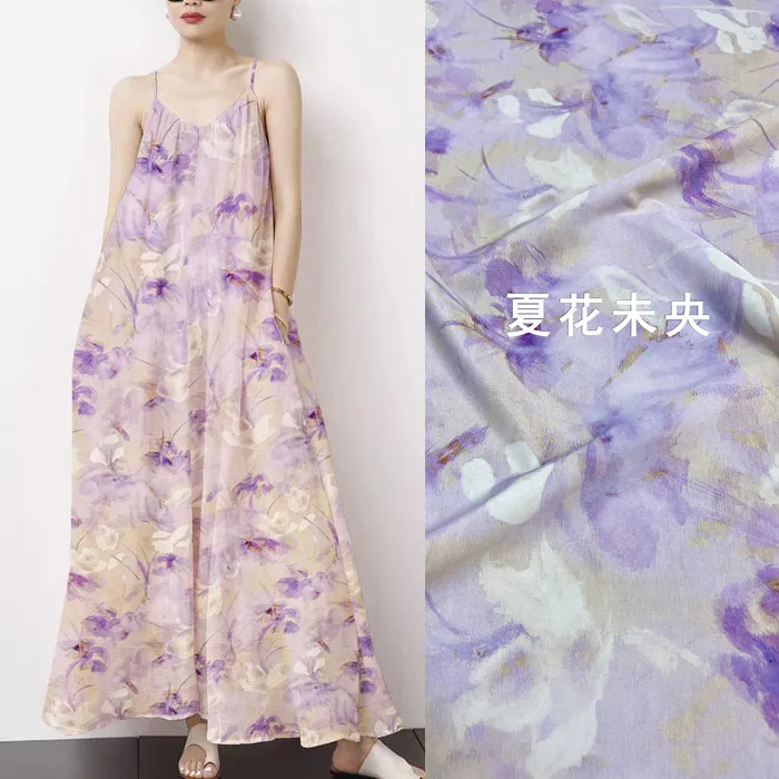 Lavender Watercolor Floral Print Silk Stretch Crepe De Chine Fabric Mulberry Silk Material For Dresses 140cm Wide Blouse