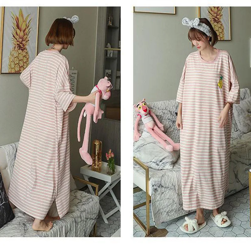 

New Summer Nightgown Lengthened Plus Size Striped Student Pajamas Dress Female Short-Sleeved Cartoon Homewear Long Clothes