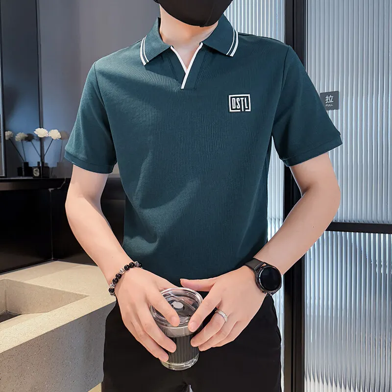 

Брендовые рубашки поло с v-образным вырезом и короткими рукавами, мужские летние тонкие дышащие контрастные цвета, повседневная футболка с лацканами, деловые футболки поло в социальном стиле