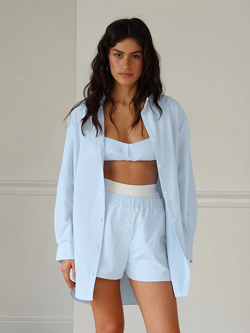 

Marthaqiqi Cotton Women Nightgown 3 Piece Set Turn-Down Collar Robe Long Sleeve Pajamas Tank Top Sleepwear Shorts Nightwear Suit