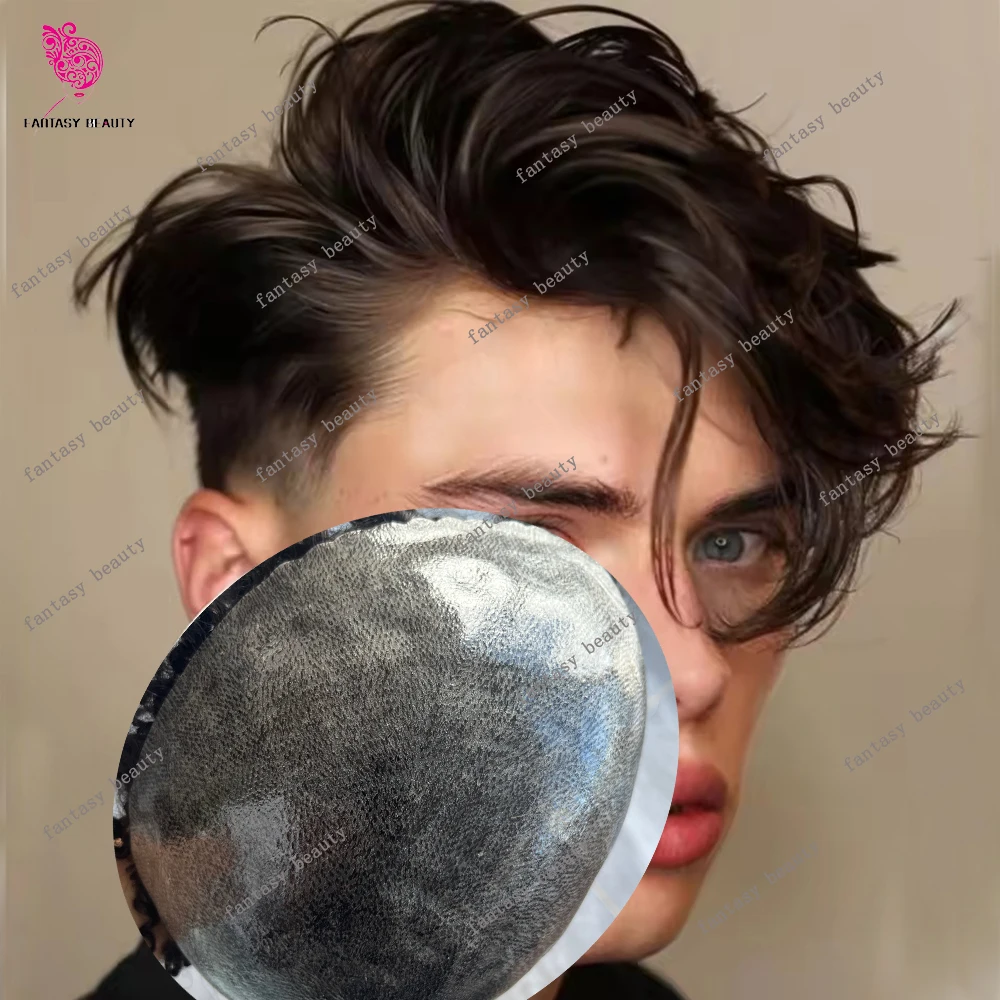 

Мужской парик-накладка из натуральных волос, темно-коричневый 1B40, с естественной линией роста волос, прочный, долговечный, с тонкой микро-капиллярной основой (микроскин)