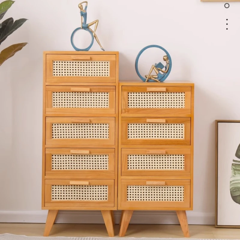 

Solid Wood Storage Cabinet for Living Room Rattan Weave Drawer Cabinet Multi-layer Bedside Table Versatile Scenes Home Furniture