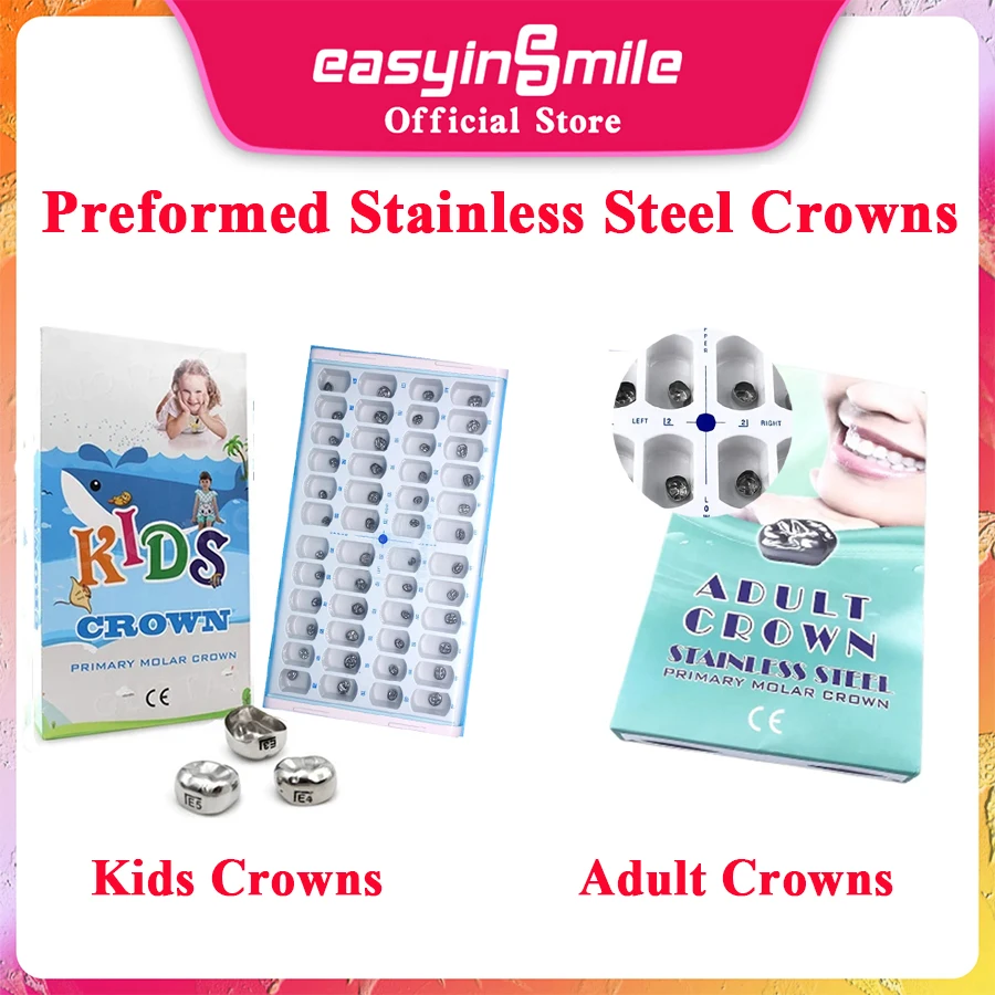 Easyinsmile 48Pc/Box Dental Crowns Preformed Metal Crown Stainless Steel Temporary Crown Primary Molar Adult/Kids Dentistry Tool