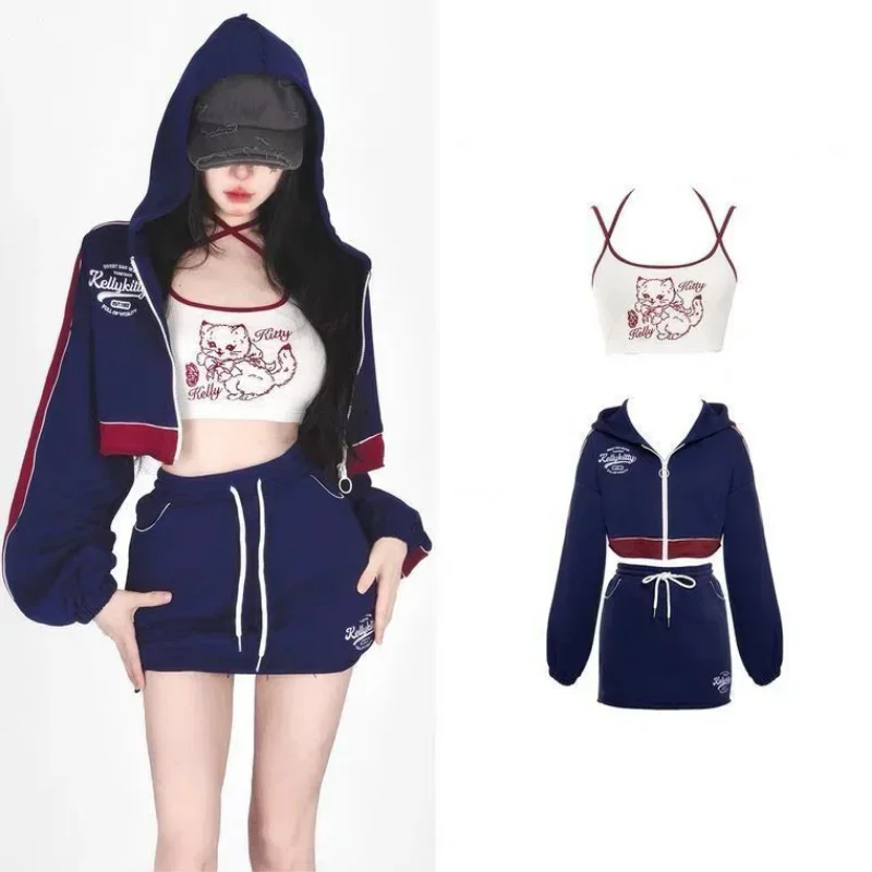 Hikigawa Chic Fashion Autumn Y2k Sports Suit Sexy Cartoon Cat Print Camisole Tank Top+Zipper Short Coat+Drawstring Mini Skirt