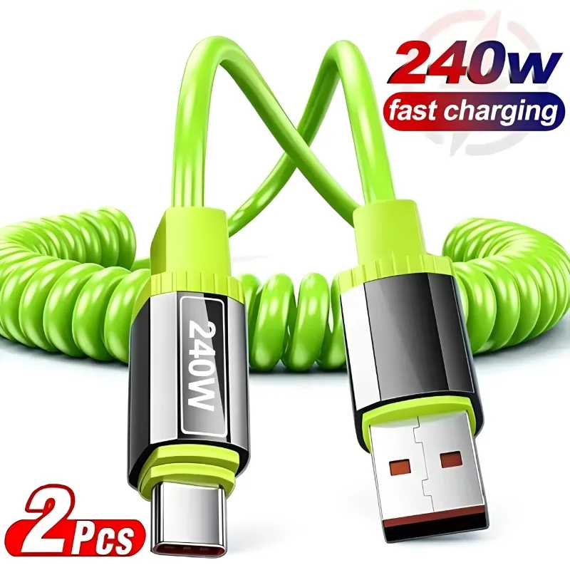 1-2PCS Spring Telescopic Type C To Type C Cable 240W Quick Charging USB-C Wire for iPhone Samsung Xiaomi Huawei Charger Cable