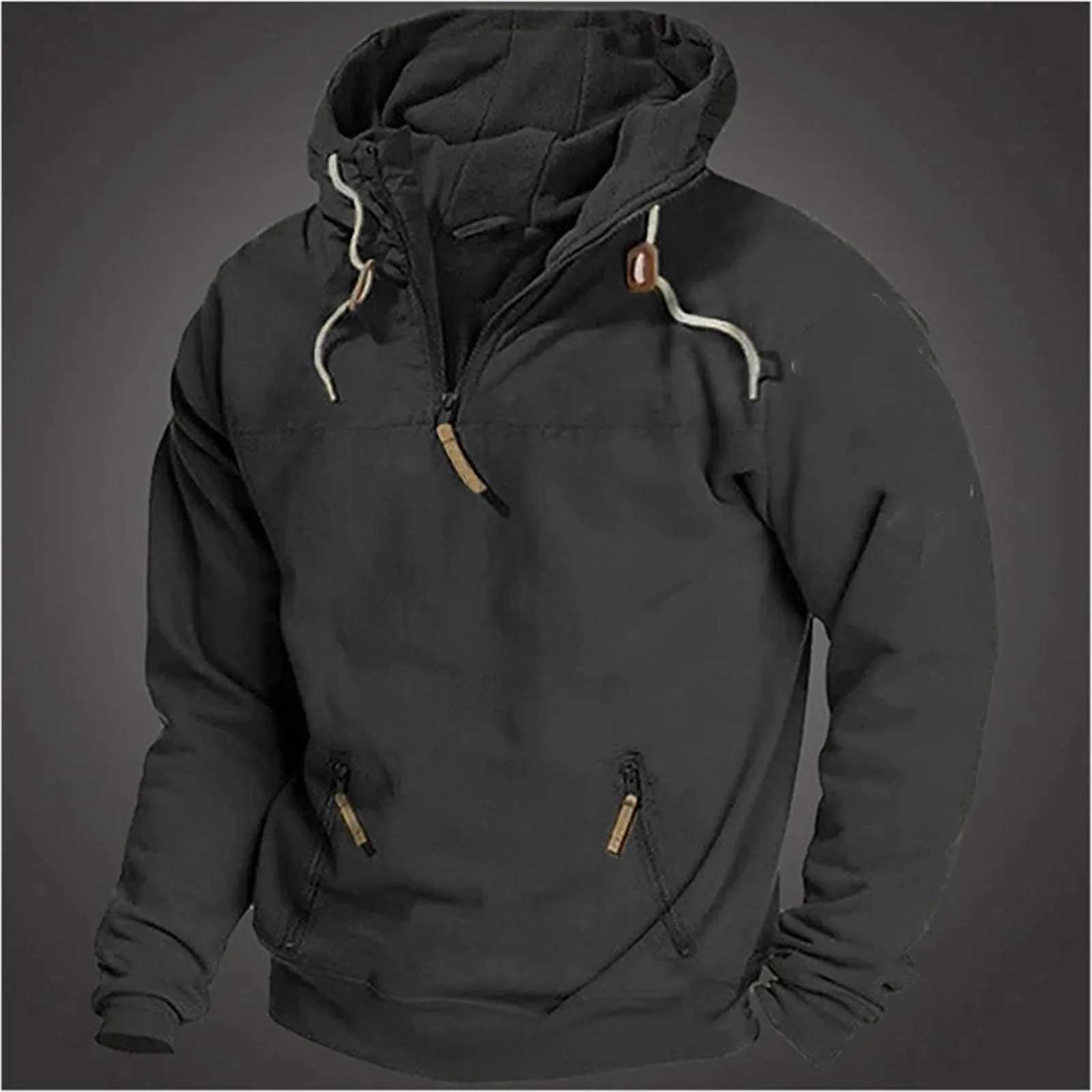 

Male Autumn And Winter Plus Size Loose Half Zipper Pullover Tops Solid Color Hooded Drawstring Long Sleeve Casual Men's Hoodies