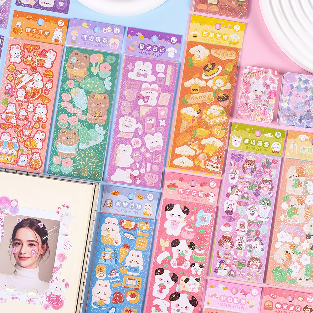 10- 100PCS Kawaii Koreaanse Deco Sticker Pack: Leuke kleurrijke cartoonontwerpen, sprankelend glittereffect, dagboek Toploader Deco en meer