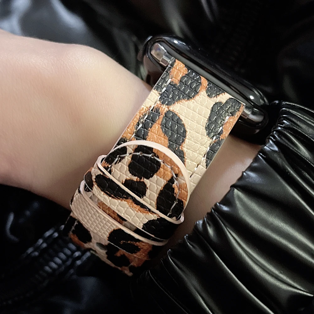 2pcs For apple watch 41mm 40mm 44mm 45mm band Leopard print leather strap + bling PC case iwatch ultra2 49mm se 9 8 7 6 5 4 band