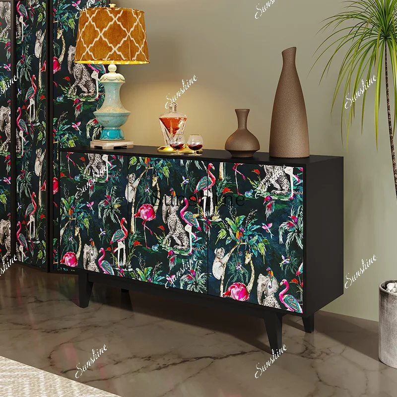 French retro painted living room against the wall solid wood tea light luxury design art storage side cabinet  FT