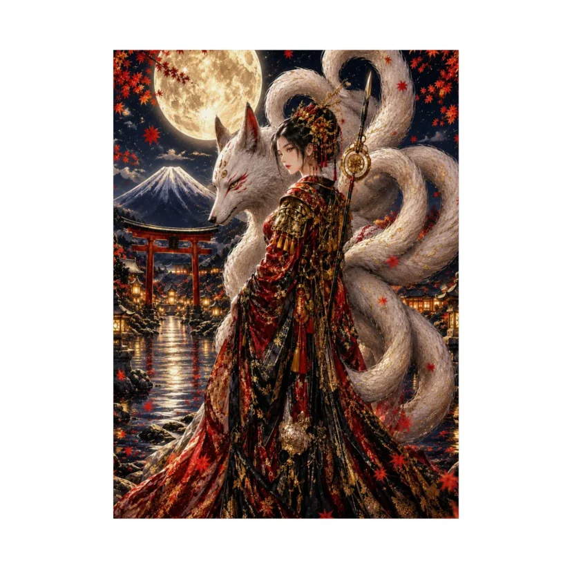 DIY Diamond Painting, Oriental Myth Nine Tailed Fox and Maiden Portrait, Red Maple Full Moon Scenery, Relaxing Handmade Craft