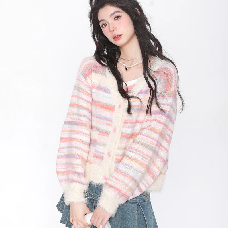 Sweet Lazy Wind Rainbow Cardigan Women Autumn V Neck Striped Knitted Coat Fashion Loose Long Sleeve Elegant Lady Sweaters