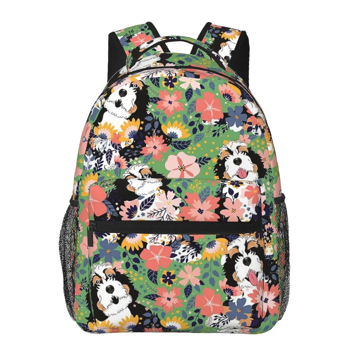 Tri Color Bernedoodle Garden - Green Background Backpacks Boys Girls Bookbag Students School Bags Rucksack Shoulder Bag