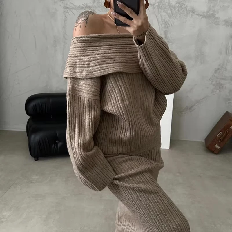 Sexy One Shoulder Knitted Tops&Bodycon Skirts Party Suit Elegant Solid Winter Long Sleeve Sweater Outfits Women 2Pcs Slim Set