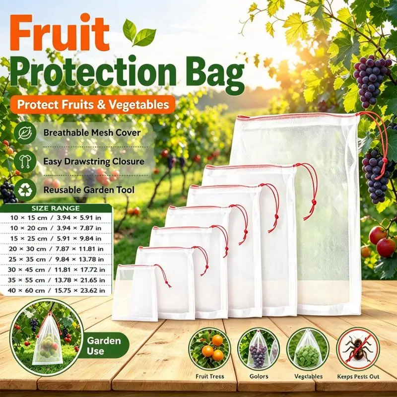 5~30Pcs Fruit Protection Bags Plant Grow Netting Bag with Drawstring Fruit Protection Mesh Bag Insect-proof Anti-Bird Mesh Bag