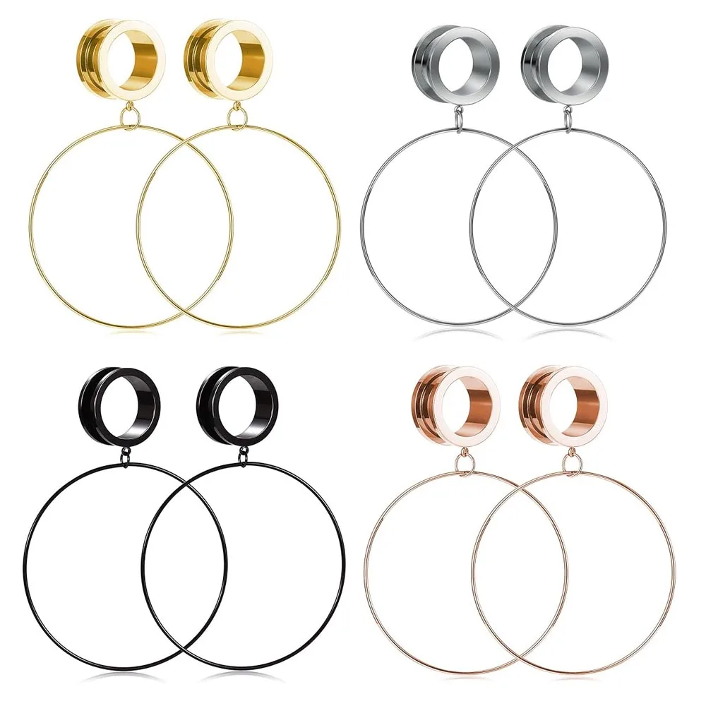 1 Pair Stainless Steel Screw Ear Piercing Large Hoop Pendant Hanging Ear Canal Plug Dilator Piercing Jewelry 2G-13/16“