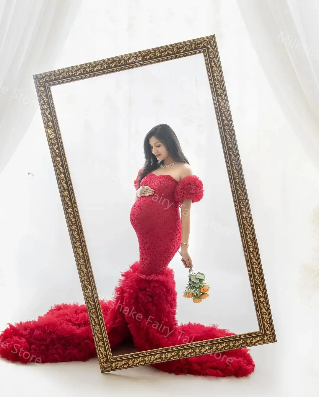 الساحرة الأحمر الأمومة الجلباب قبالة الكتف الدانتيل حورية البحر النساء التصوير فساتين قطار الاجتياح المتدرج الكشكشة استحمام الطفل العباءات #2