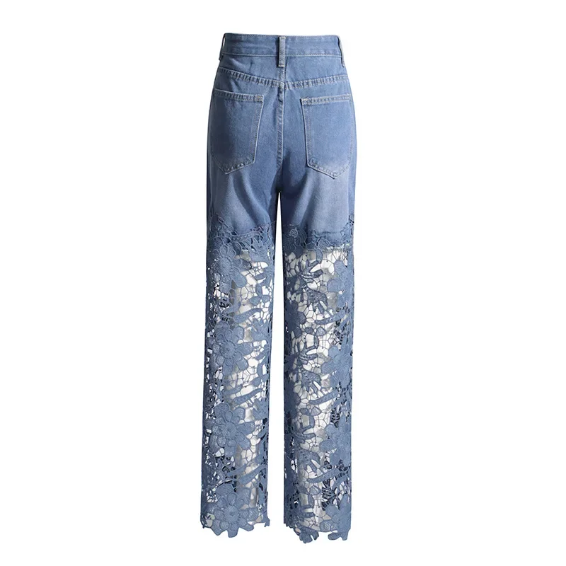 Fashionable and Versatile High Waist Straight Pants 2024 New Style Splicing Lace Design Commuter Style Jeans for Women