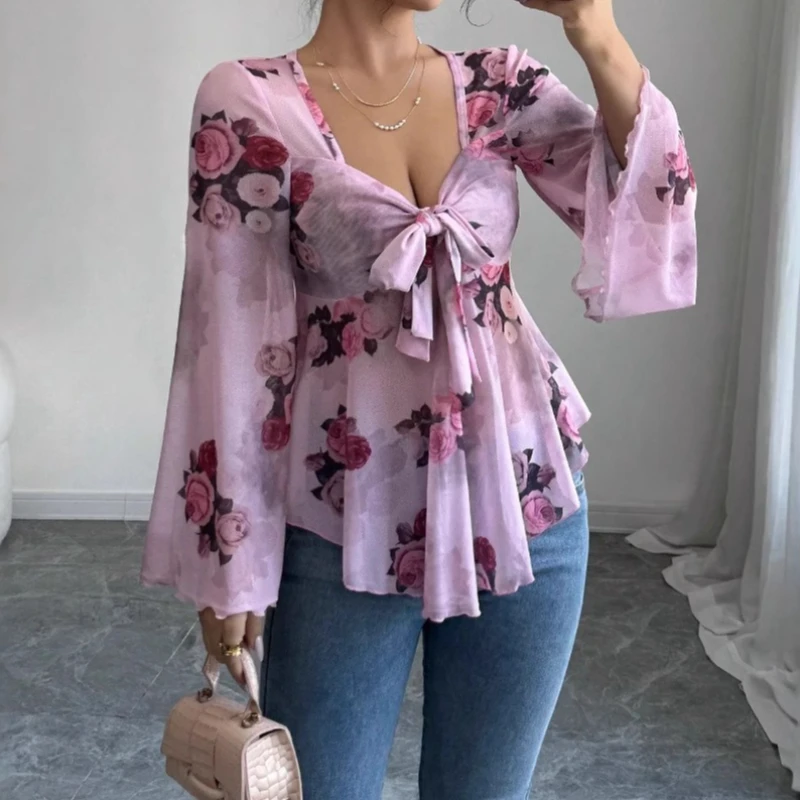 2025, neues Design, französisches, langärmliges Hemd mit süßen Blumenflecken und quadratischem Ausschnitt