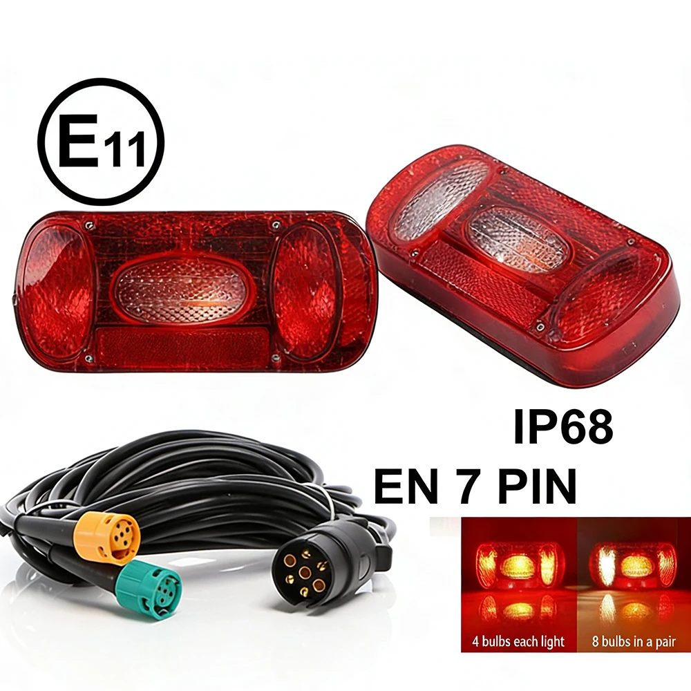 2pcs 12V 7 Pin Plug 5.5m Cable 5 Functions Rear Tail Light Brake Signal Number Plate Reflector Lamp Wiring Harness Truck Trailer