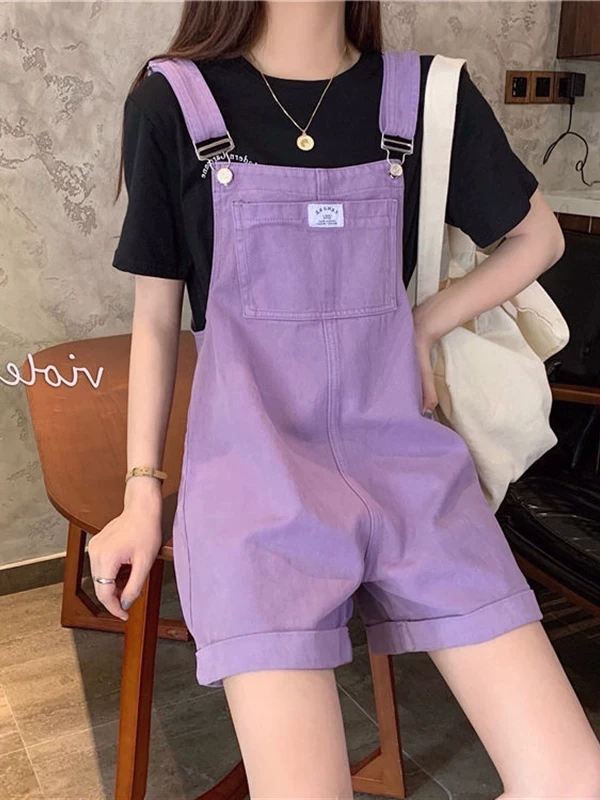 2026 New Women's Denim Overalls Loose Casual High Waist Wide Leg Jeans Short Pants Back Strap Student Style Summer Fashion