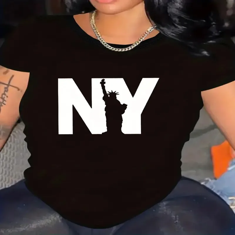 

Women Plus Size Casual T Shirt with NY Statue of Liberty Graphic, Comfortable Loose Fit, Short Sleeve, Round Neck, Stretchy