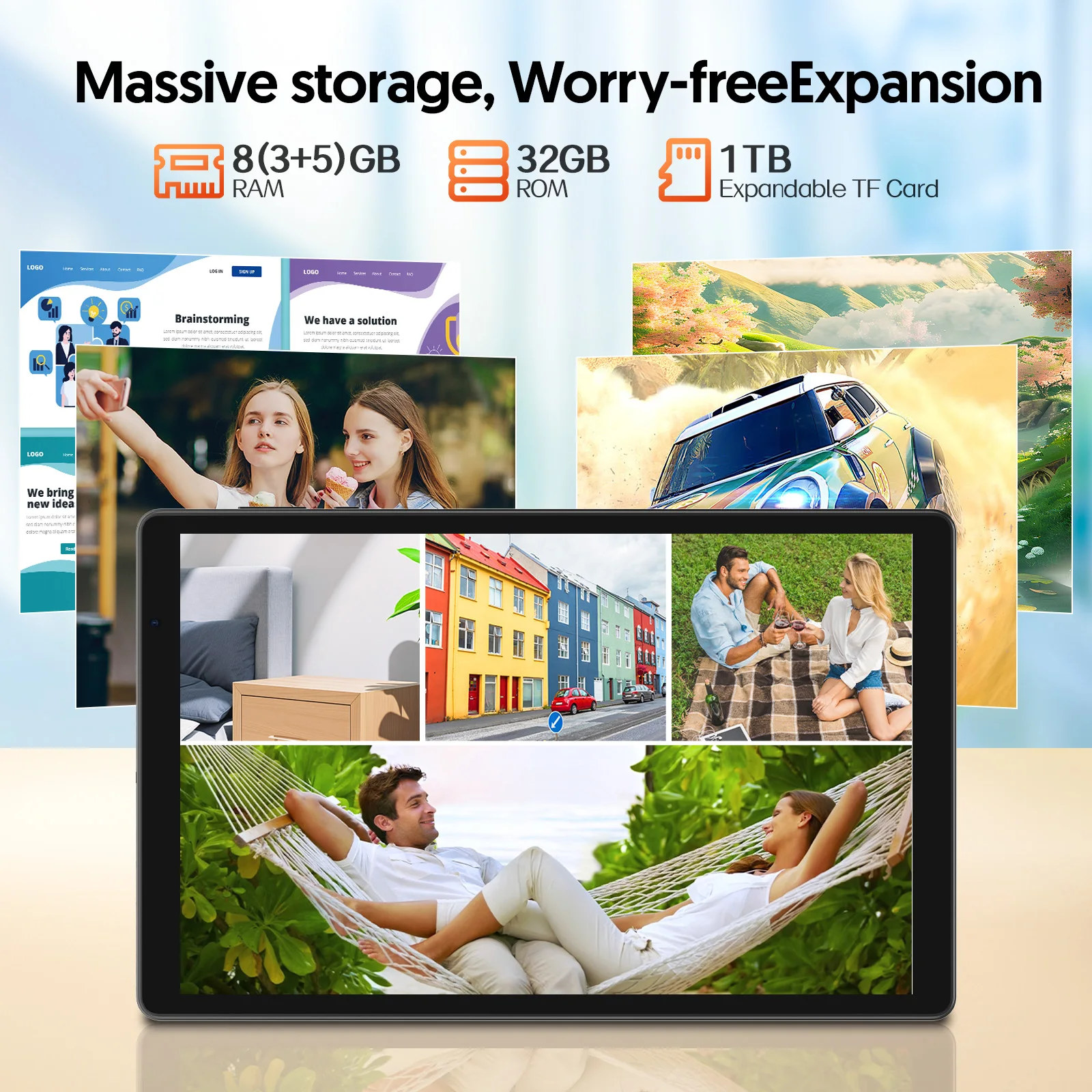 Tablet BAKEN Android 15, 8 (3+5) GB + 32 GB de armazenamento, processador penta-core, Wi-Fi6, Bluetooth, USB-C, Google Play Store,