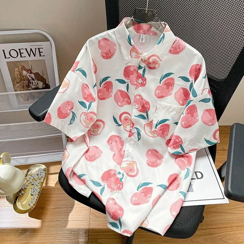 Vacation Summer New Short Sleeve Printing Loose Youth Blouse Polo Neck Floral Casual Shirt Tops Vintage Fashion Women Clothing