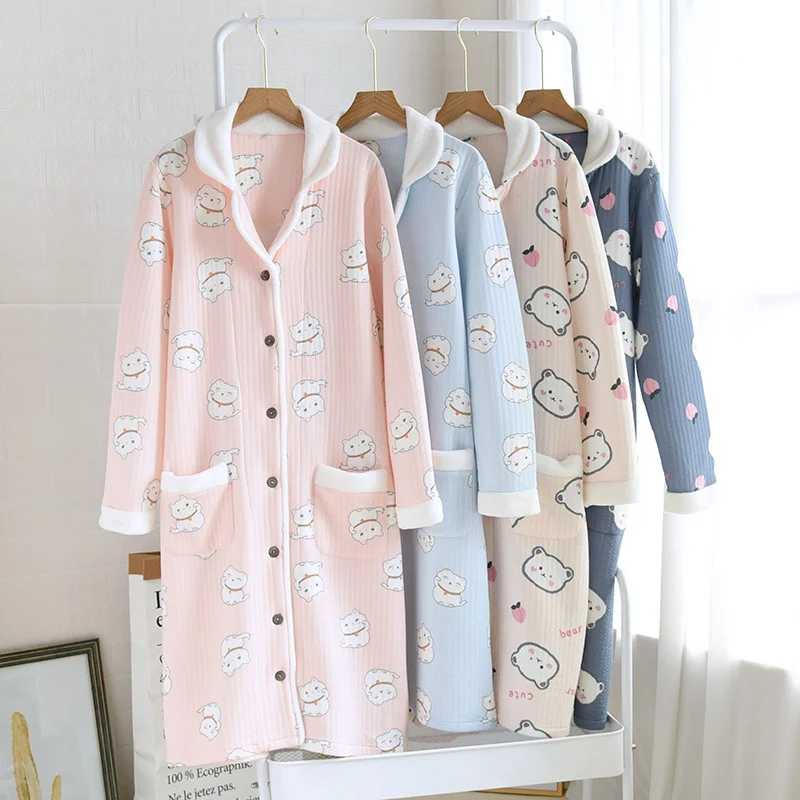 Three-Layer Thickened Warm Cardigan Mid-length Thickened Cotton Nightgown Autumn Winter Air Cotton Cartoon Home Wear