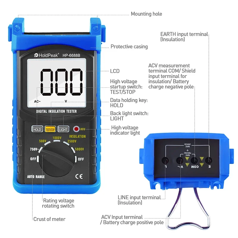 HoldPeak HP-6688B High Quality Digital 5000V 1999 Auto Range Insulation Resistance Tester Insulated Portable Tester Data Hold