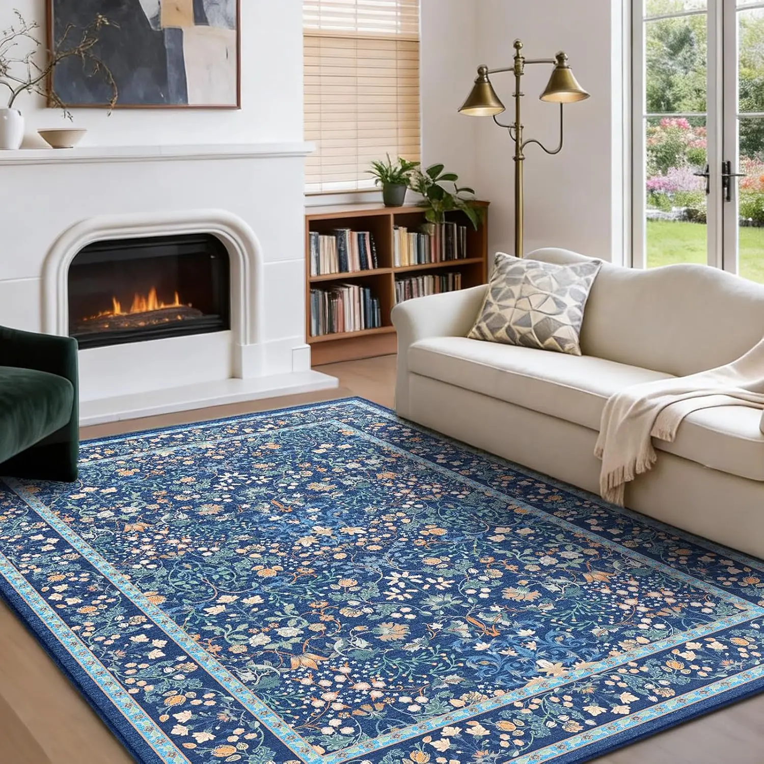 Classic Floral Area Rug Comfortable Low Pile Durable Edge Binding Washable Non Slip for Living Room Bedroom Home Decor