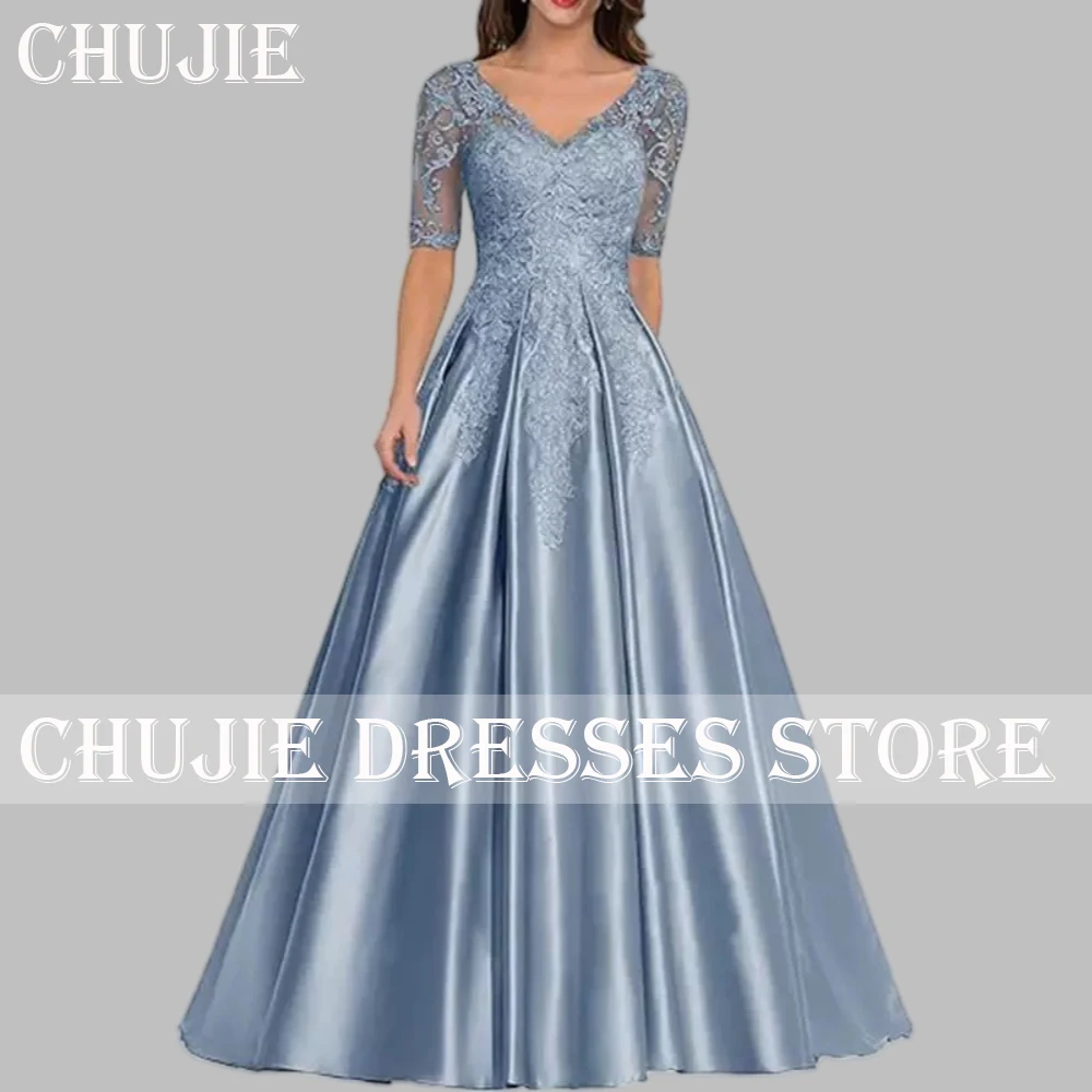 

Satin Lace Applique Mother of The Bride Dress Prom Party Gowns Half Sleeve Customized Wedding Guest Dresses Formal Evening Dress