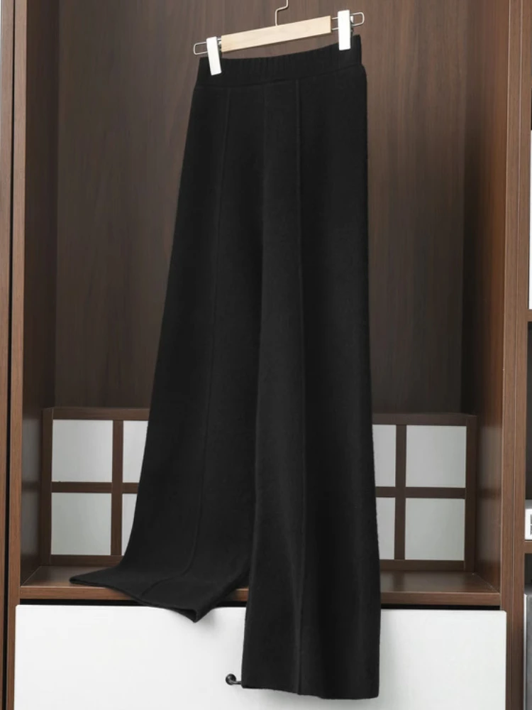 Wool Wide-leg Pants Women's Middle Stitching Modified Legs Loose and Thin Cashmere Knitted High-waisted Trousers Solid Color