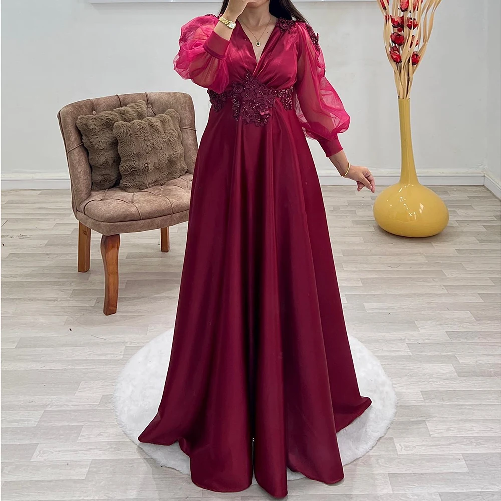 

Вечерние платья трапециевидной формы по индивидуальному заказу, длиной до пола, с v-образным вырезом и длинными рукавами, платье для выпускного вечера, модное платье с цветами и бисером, простое драпированное вечернее платье