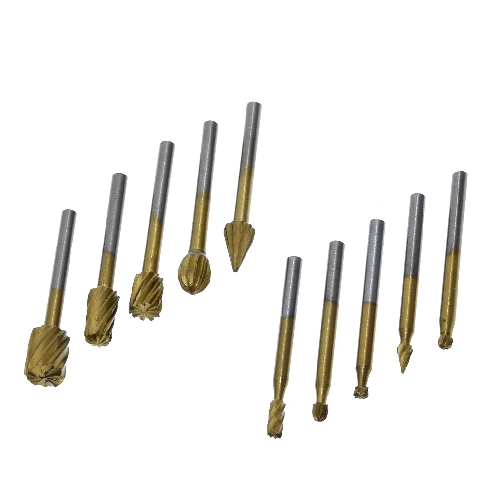 10 Pieces 1/8 HSS Routing Router Drill Bits Set Dremel Carbide Rotary Burrs Tools Wood Stone Metal Root Carving Milling Cutter